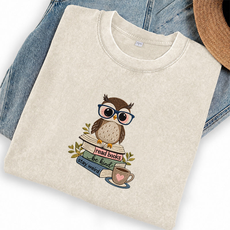 Embroidered Read Books Be Kind Owl Washed Crew Neck T-Shirt