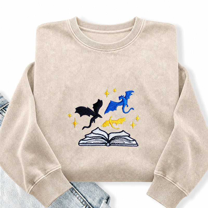 Embroidered Book And Dragons Washed Crewneck Sweatshirt