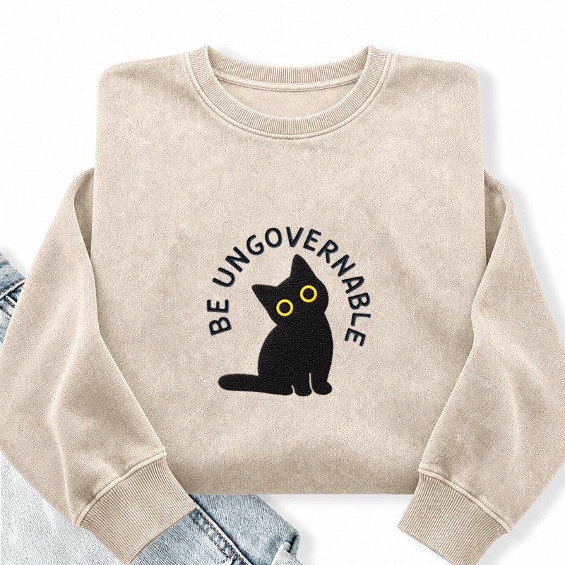 Embroidered Be Ungovernable Black Cat Washed Crewneck Sweatshirt