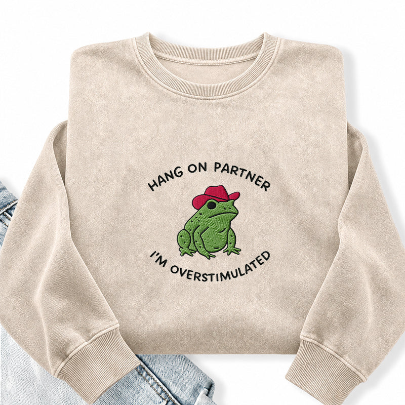 Embroidered Hang On Partner Cowboy Frog Washed Crewneck Sweatshirt