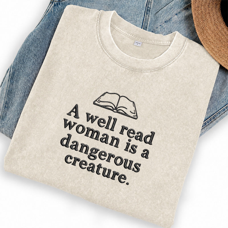 Embroidered A Well Read Woman Washed Crew Neck T-Shirt