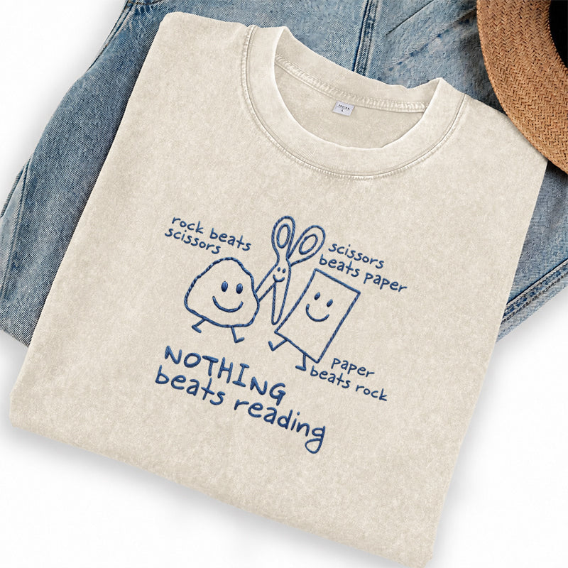 Embroidered Nothing Beats Reading Washed Crew Neck T-Shirt