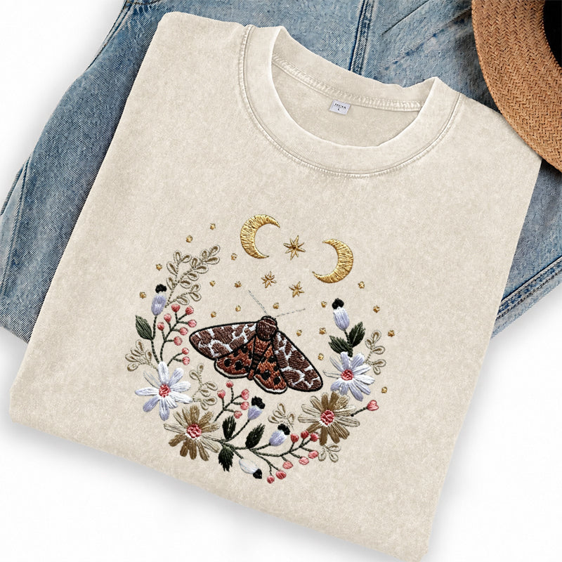 Embroidered Cottagecore Moth Washed Crew Neck T-Shirt