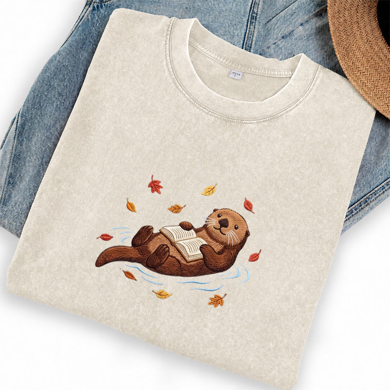 Embroidered Otter Reading Book Washed Crew Neck T-Shirt