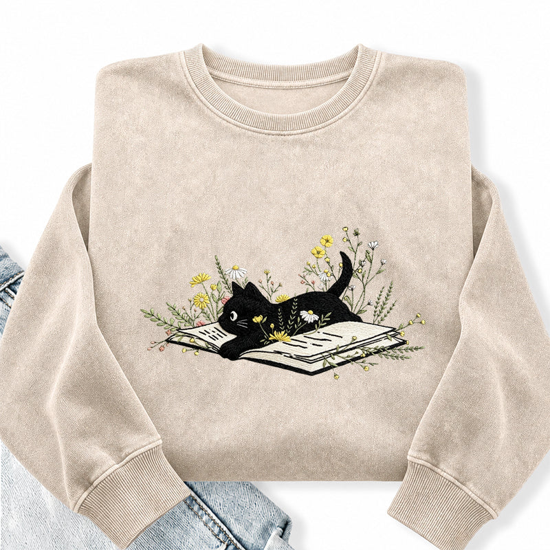 Embroidered Floral Book Cat Washed Crewneck Sweatshirt