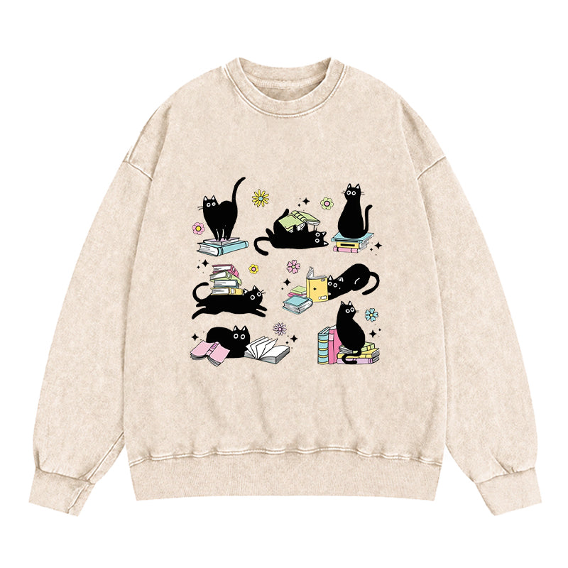 Book And Black Cats Washed Crewneck Sweatshirt