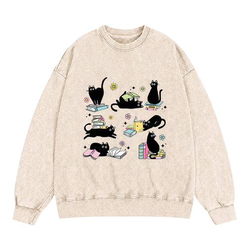 Book And Black Cats Washed Crewneck Sweatshirt