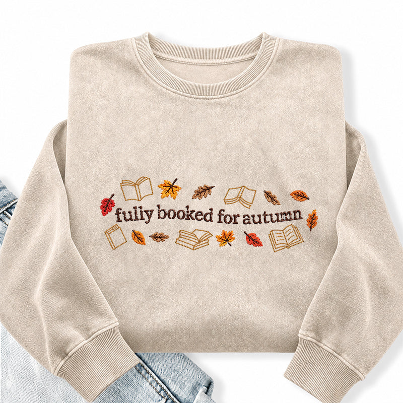 Embroidered Fully Booked For Autumn Washed Crewneck Sweatshirt