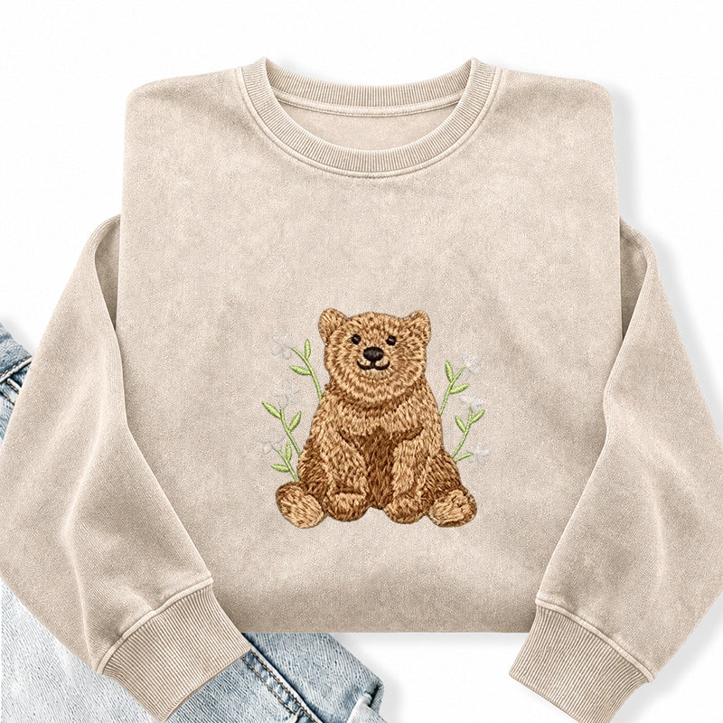 Embroidered Floral Bear Washed Crewneck Sweatshirt