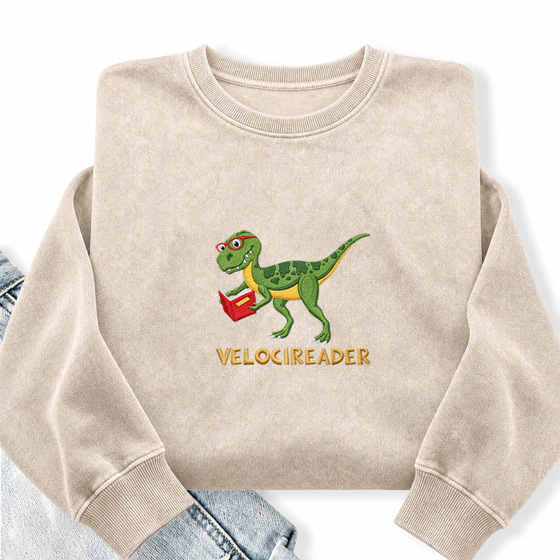 Embroidered Velocireader Dinosaur Reading Washed Crewneck Sweatshirt