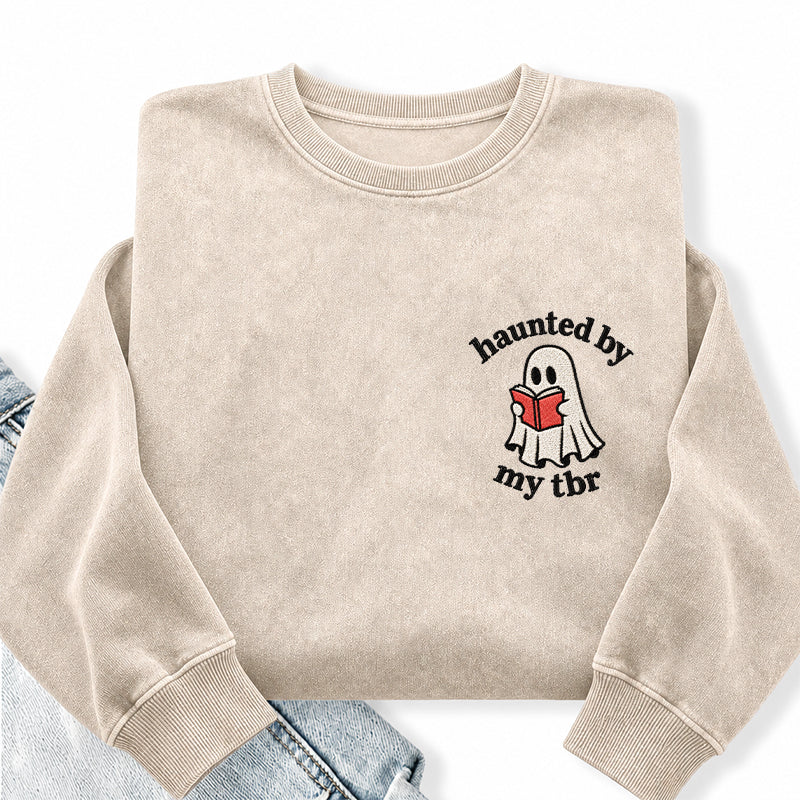 Embroidered Haunted By My TBR Washed Crewneck Sweatshirt