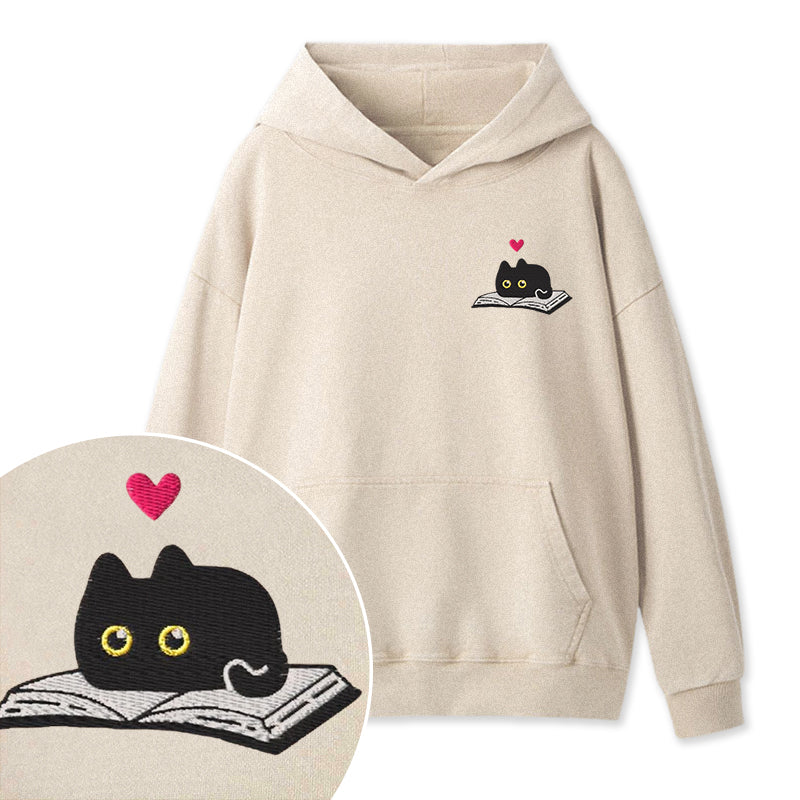 Embroidered Black Cat and Book Washed Hoodie