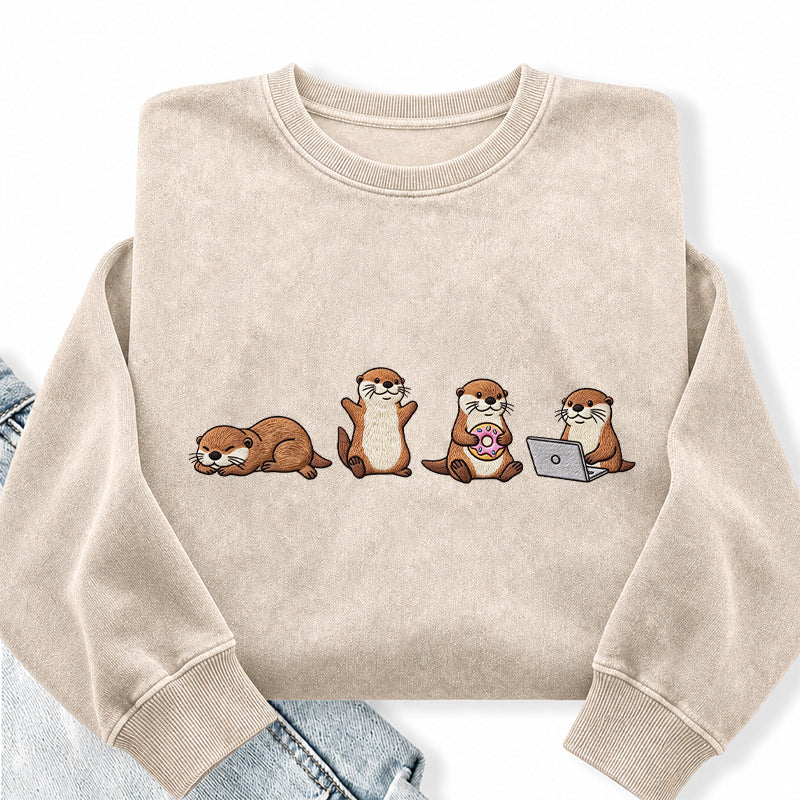 Embroidered Sea Otters Washed Crewneck Sweatshirt