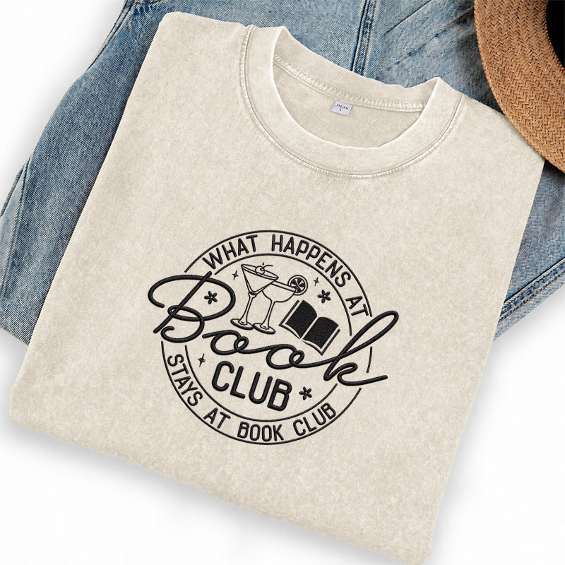 Embroidered Funny Book Club Washed Crew Neck T-Shirt