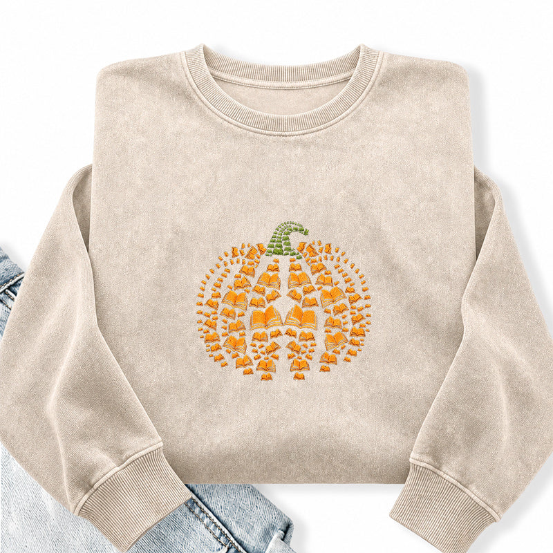 Embroidered Book Pumpkin Washed Crewneck Sweatshirt