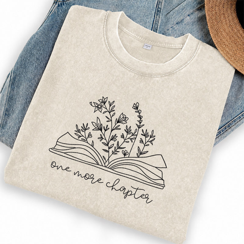 Embroidered One More Chapter Floral Book Washed Crew Neck T-Shirt
