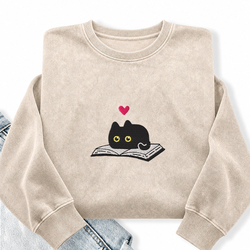 Embroidered Black Cat And Book Washed Crewneck Sweatshirt