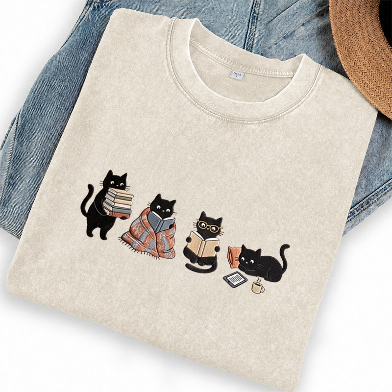 Embroidered Bookish Black Cats Washed Crew Neck T-Shirt