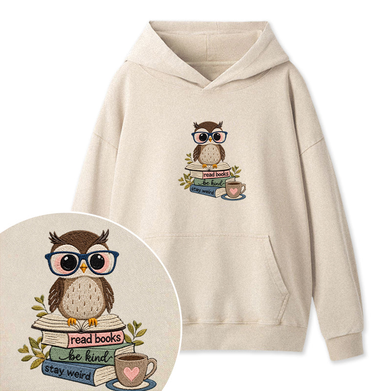Embroidered Read Books Be Kind Owl Washed Hoodie