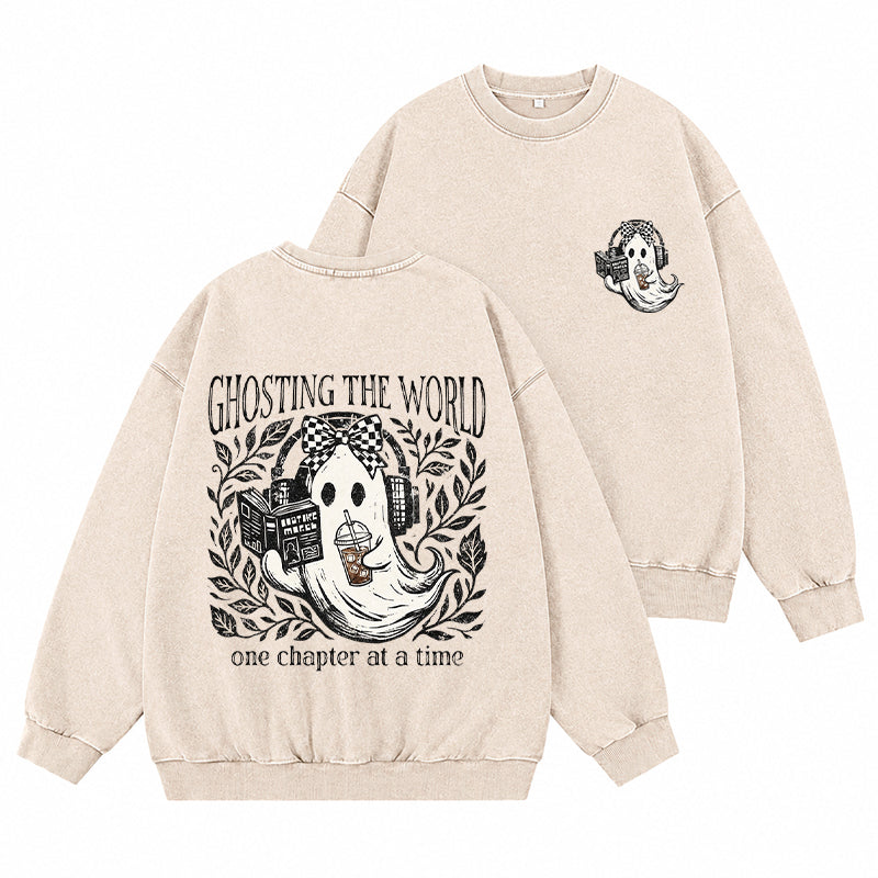 Funny Ghosting The World Reading Washed Crewneck Sweatshirt