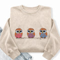 Embroidered Cute Owl Washed Crewneck Sweatshirt