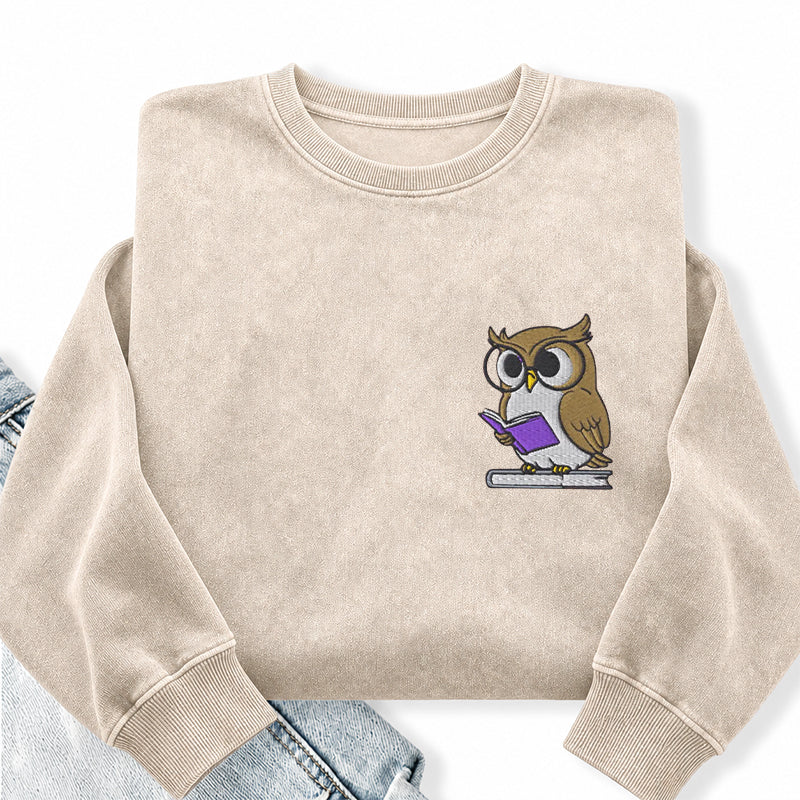 Embroidered Owl Reading Washed Crewneck Sweatshirt