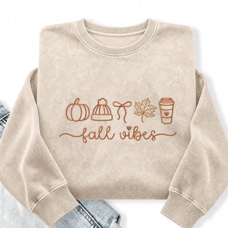 Embroidered Fall Vibes Washed Crewneck Sweatshirt