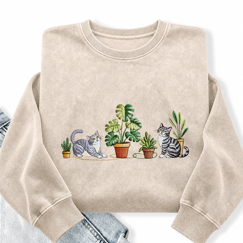 Embroidered Plants And Cat Washed Crewneck Sweatshirt