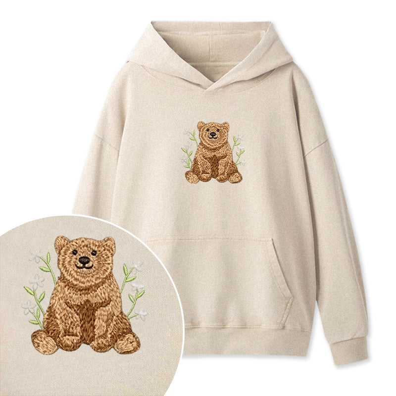 Embroidered Floral Bear Washed Hoodie