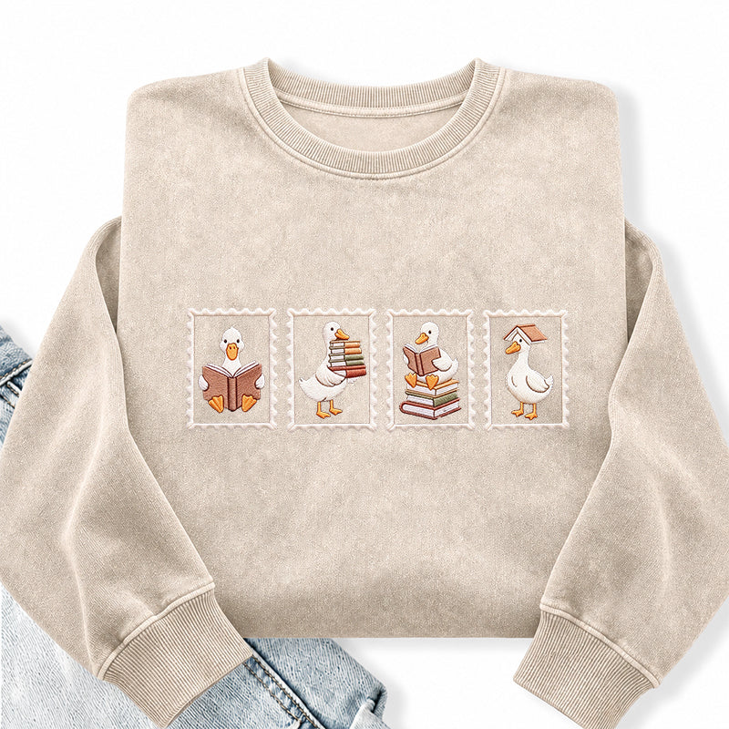 Embroidered Goose Reading Stamp Washed Crewneck Sweatshirt