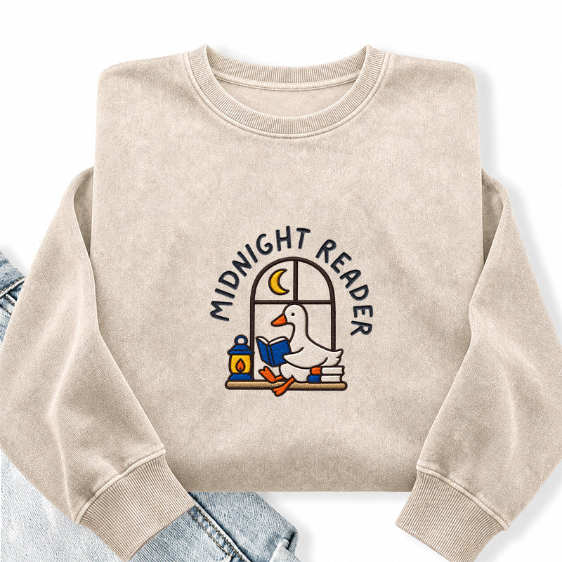 Embroidered Midnight Reader Goose Washed Crewneck Sweatshirt