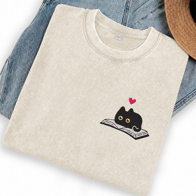 Embroidered Black Cat And Book Washed Crew Neck T-Shirt