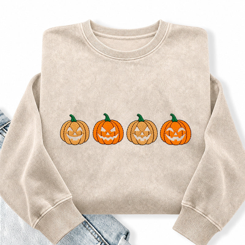 Embroidered Halloween Pumpkins Washed Crewneck Sweatshirt
