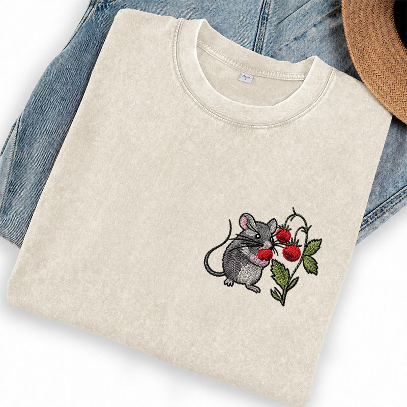 Embroidered Cottagecore Mouse Washed Crew Neck T-Shirt
