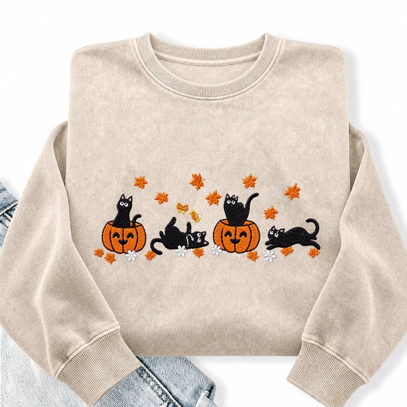 Embroidered Halloween Black Cat Washed Crewneck Sweatshirt