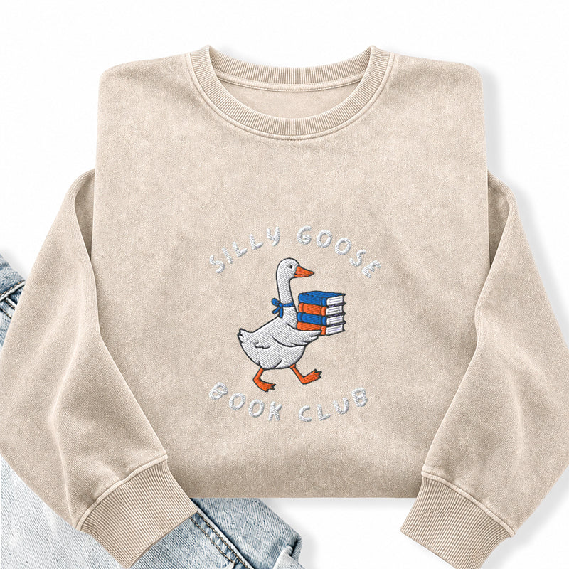 Embroidered Silly Goose Book Club Washed Crewneck Sweatshirt