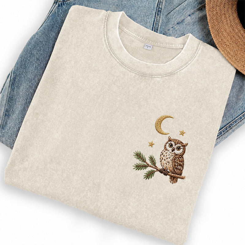 Embroidered Night Owl Washed Crew Neck T-Shirt