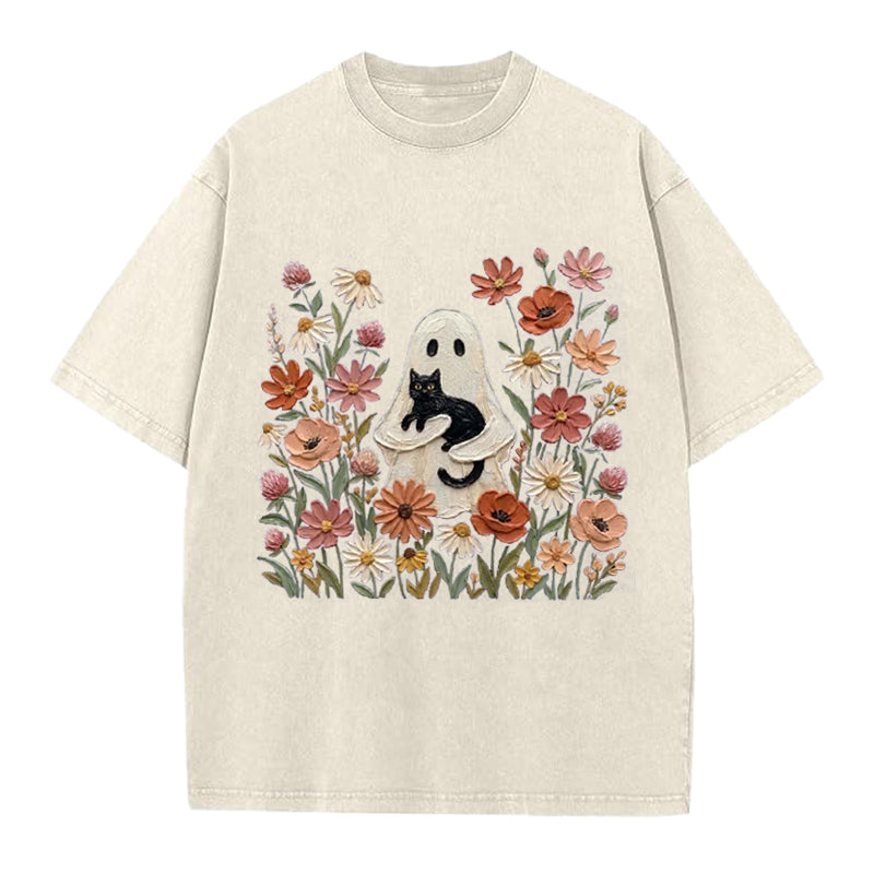 Black Cat Floral Ghost Washed Crew Neck T-Shirt