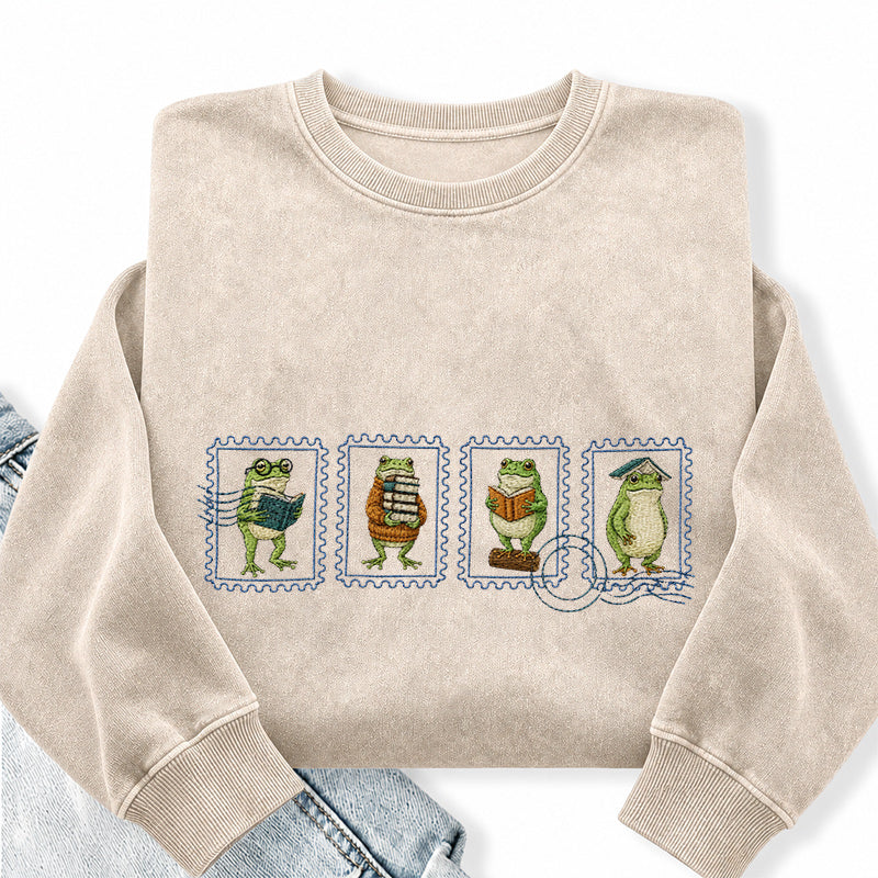 Embroidered Bookish Frog Stamp Washed Crewneck Sweatshirt
