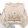 Embroidered Floral Book Washed Crewneck Sweatshirt