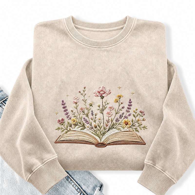 Embroidered Floral Book Washed Crewneck Sweatshirt