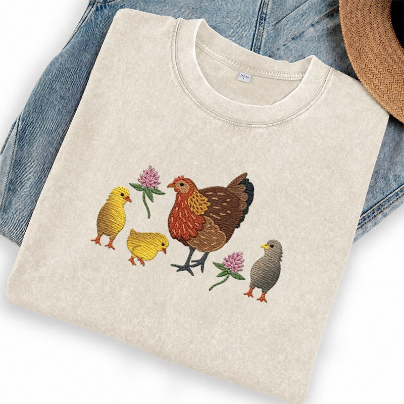 Embroidered Hen & Chicks Washed Crew Neck T-Shirt