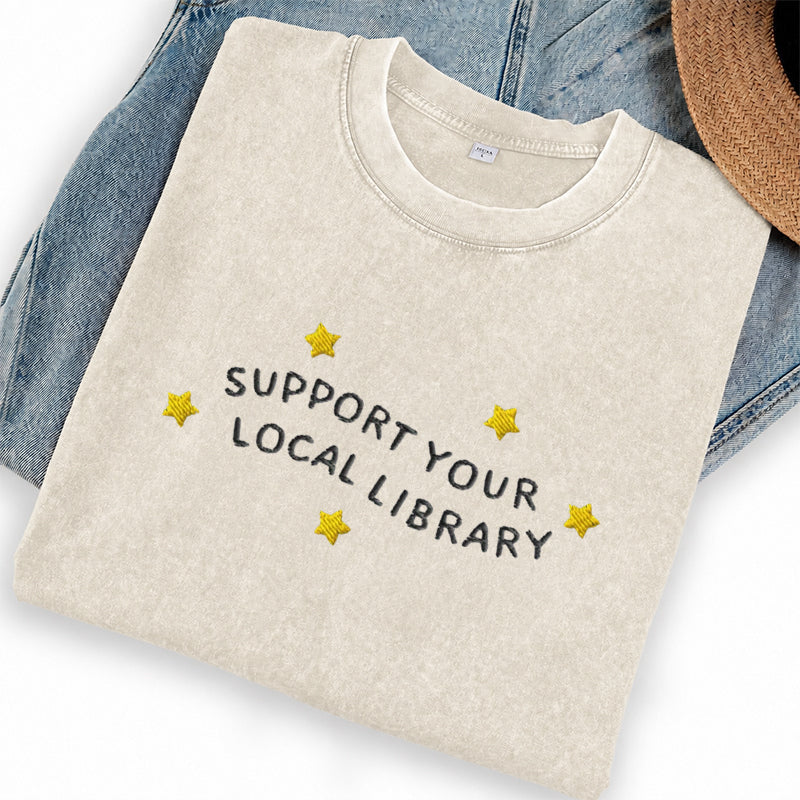 Embroidered Support Your Local Library Washed Crew Neck T-Shirt
