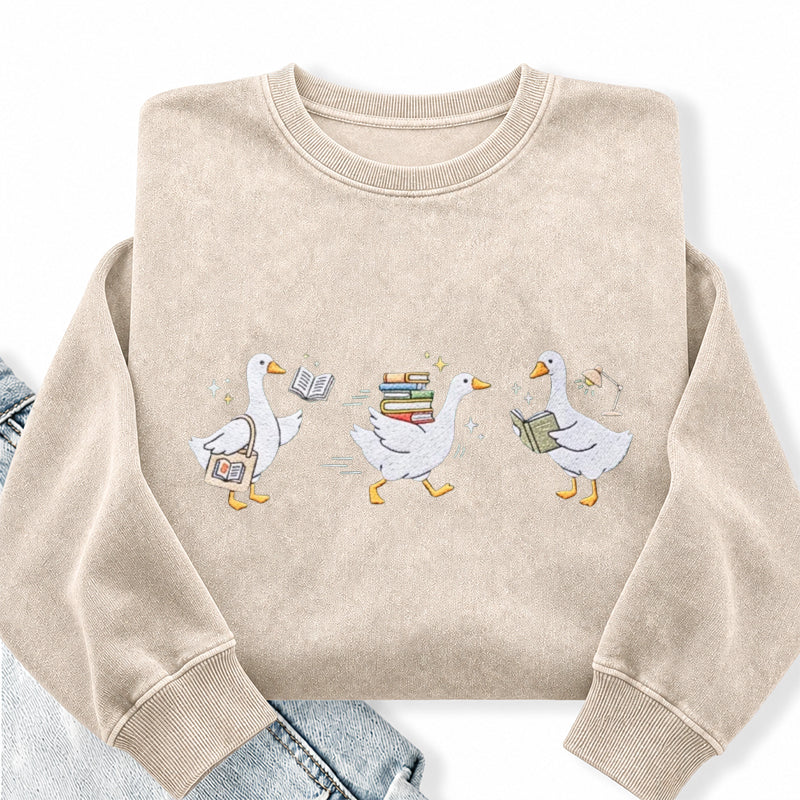 Embroidered Bookish Goose Washed Crewneck Sweatshirt