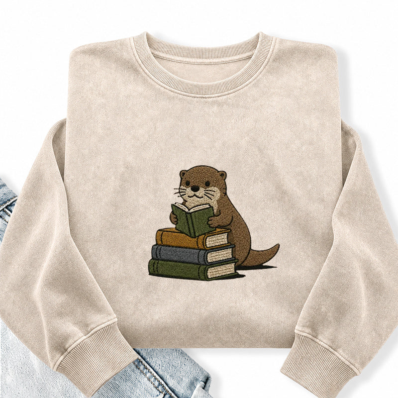 Embroidered Reading Otter Washed Crewneck Sweatshirt