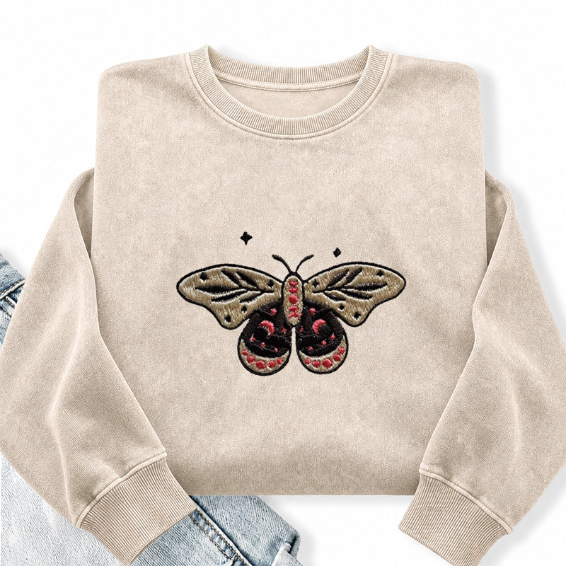 Embroidered Moth Butterfly Washed Crewneck Sweatshirt