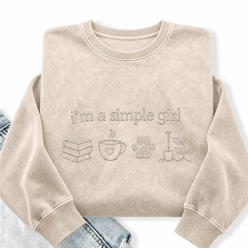 Embroidered Simple Girl Book Coffee Plant Washed Crewneck Sweatshirt