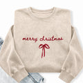 Embroidered Merry Christmas Bow Washed Crewneck Sweatshirt
