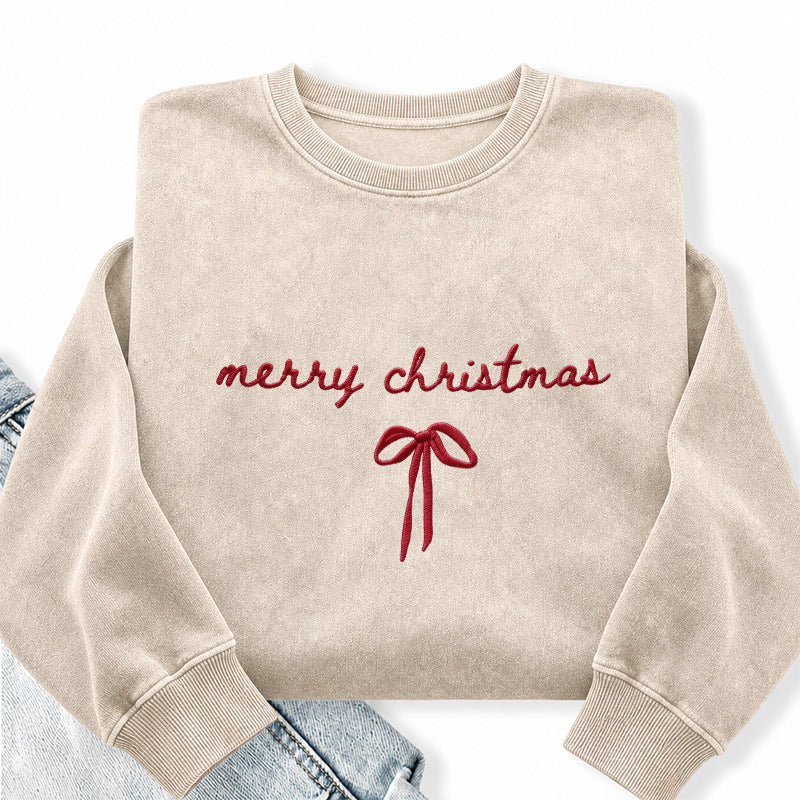 Embroidered Merry Christmas Bow Washed Crewneck Sweatshirt