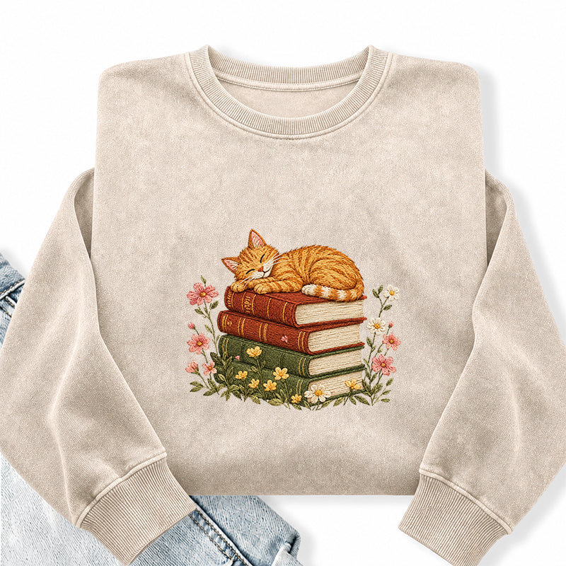 Embroidered Cat Sleeping On Books Washed Crewneck Sweatshirt